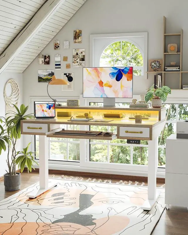 Alt view image 2 of 7 - TIQLAB 47 x 28 Inch Height Adjustable Electric Standing Desk with Double Drawers&Keyboard Tray, Stand Up Desk with LED Strips&Monitor Stand, Maple