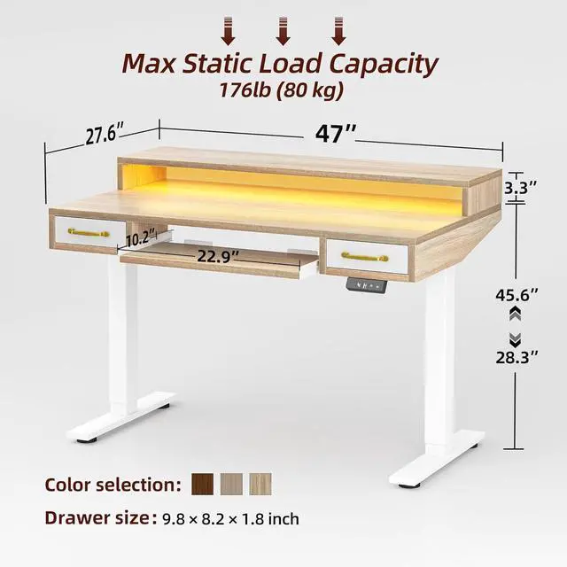 Alt view image 3 of 7 - TIQLAB 47 x 28 Inch Height Adjustable Electric Standing Desk with Double Drawers&Keyboard Tray, Stand Up Desk with LED Strips&Monitor Stand, Maple