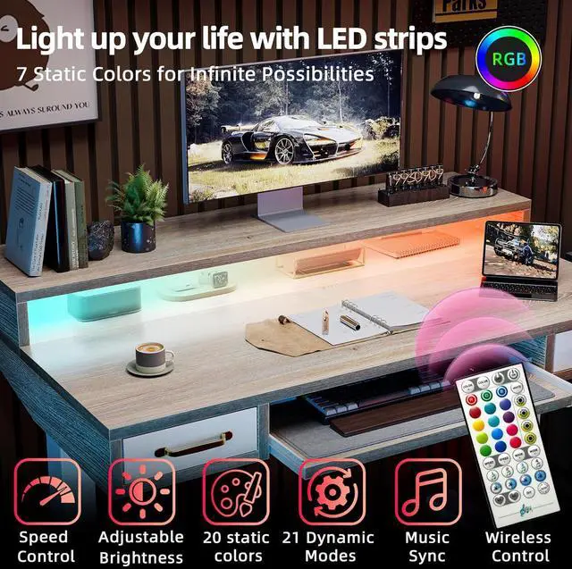 Alt view image 4 of 7 - TIQLAB 47 x 28 Inch Height Adjustable Electric Standing Desk with Double Drawers&Keyboard Tray, Stand Up Desk with LED Strips&Monitor Stand, Maple