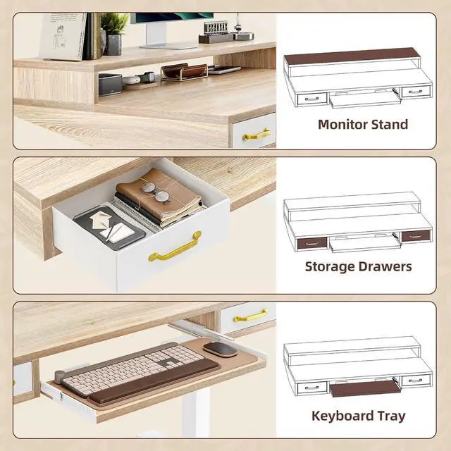 Alt view image 5 of 7 - TIQLAB 47 x 28 Inch Height Adjustable Electric Standing Desk with Double Drawers&Keyboard Tray, Stand Up Desk with LED Strips&Monitor Stand, Maple