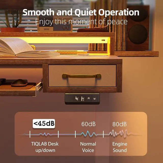 Alt view image 7 of 7 - TIQLAB 47 x 28 Inch Height Adjustable Electric Standing Desk with Double Drawers&Keyboard Tray, Stand Up Desk with LED Strips&Monitor Stand, Maple