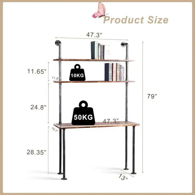 Alt view image 2 of 7 - LOKKHAN 79-inch Industrial Laptop Desk Solid Wood Computer Desk Wall Pipe Desk with Shelves Computer Table for Home Office (L:47.3-inch)