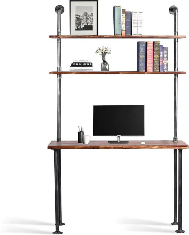 Alt view image 3 of 7 - LOKKHAN 79-inch Industrial Laptop Desk Solid Wood Computer Desk Wall Pipe Desk with Shelves Computer Table for Home Office (L:47.3-inch)