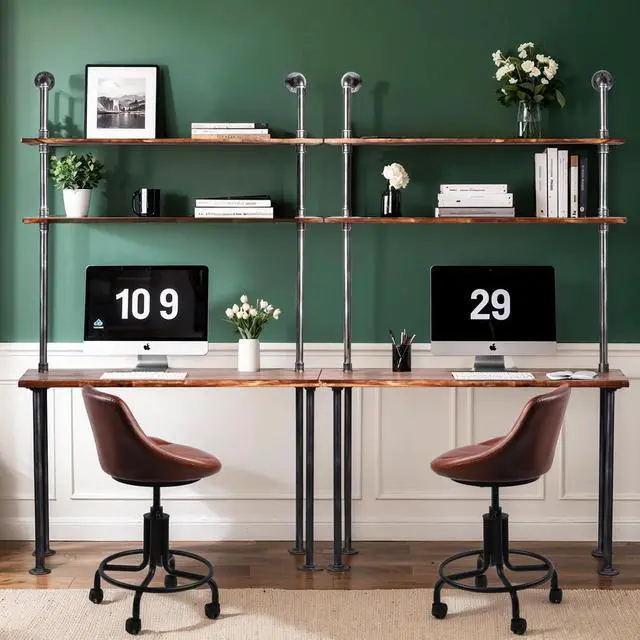 Alt view image 4 of 7 - LOKKHAN 79-inch Industrial Laptop Desk Solid Wood Computer Desk Wall Pipe Desk with Shelves Computer Table for Home Office (L:47.3-inch)