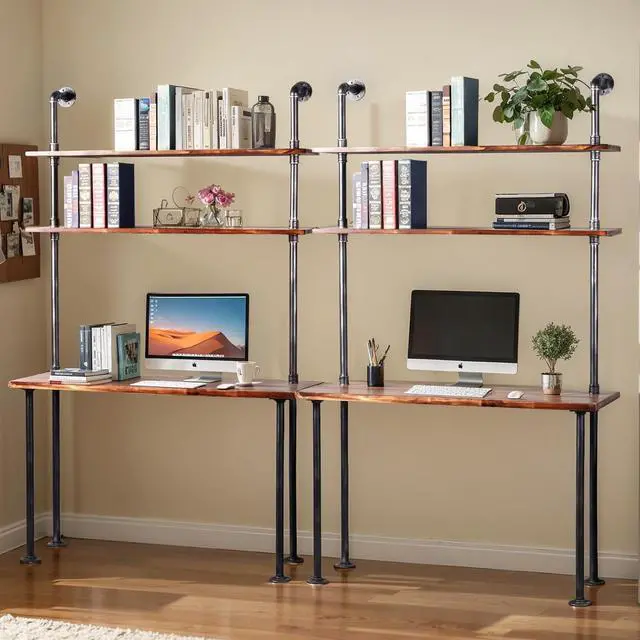 Alt view image 5 of 7 - LOKKHAN 79-inch Industrial Laptop Desk Solid Wood Computer Desk Wall Pipe Desk with Shelves Computer Table for Home Office (L:47.3-inch)