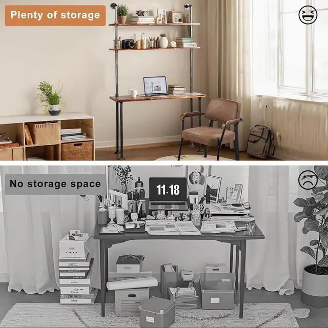 Alt view image 6 of 7 - LOKKHAN 79-inch Industrial Laptop Desk Solid Wood Computer Desk Wall Pipe Desk with Shelves Computer Table for Home Office (L:47.3-inch)