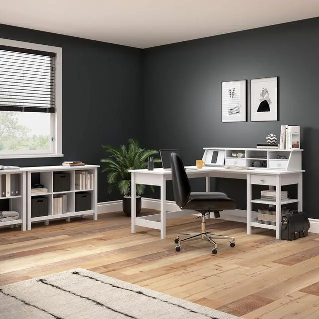 Alt view image 6 of 7 - Bush Furniture L Shaped Desk with Storage, Broadview Collection Corner Office Table with Adjustable Shelves and Satin Chrome Hardware, 60Wx60DX30W