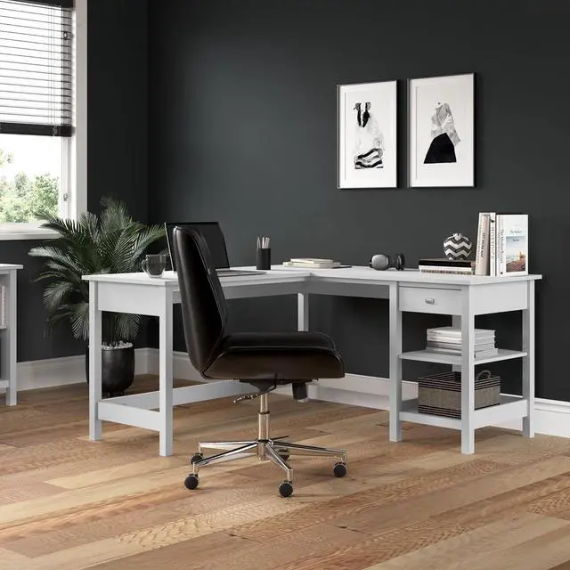 Alt view image 2 of 7 - Bush Furniture L Shaped Desk with Storage, Broadview Collection Corner Office Table with Adjustable Shelves and Satin Chrome Hardware, 60Wx60DX30W