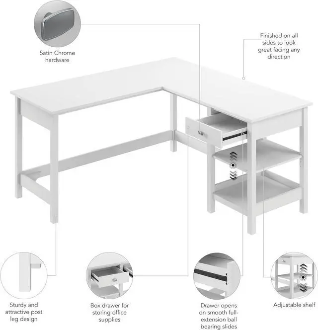Alt view image 5 of 7 - Bush Furniture L Shaped Desk with Storage, Broadview Collection Corner Office Table with Adjustable Shelves and Satin Chrome Hardware, 60Wx60DX30W