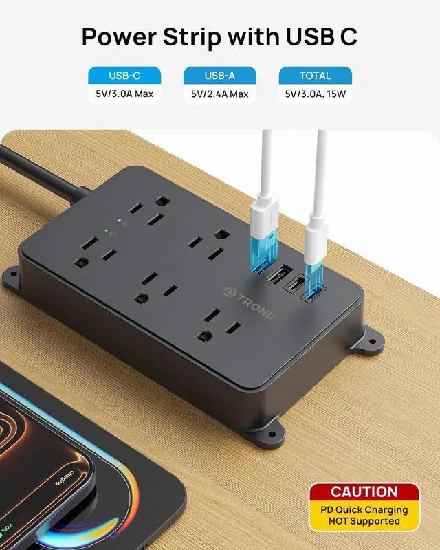 Alt view image 3 of 7 - TROND Power Strip Surge Protector, 5 Widely-Spaced Outlets with 2 USB A and 2 USB C, ETL Listed, Wall Mountable, Flat Plug 5ft Extension Cord, 1300J, 14AWG Heavy Duty, for Office Kitchen, Black