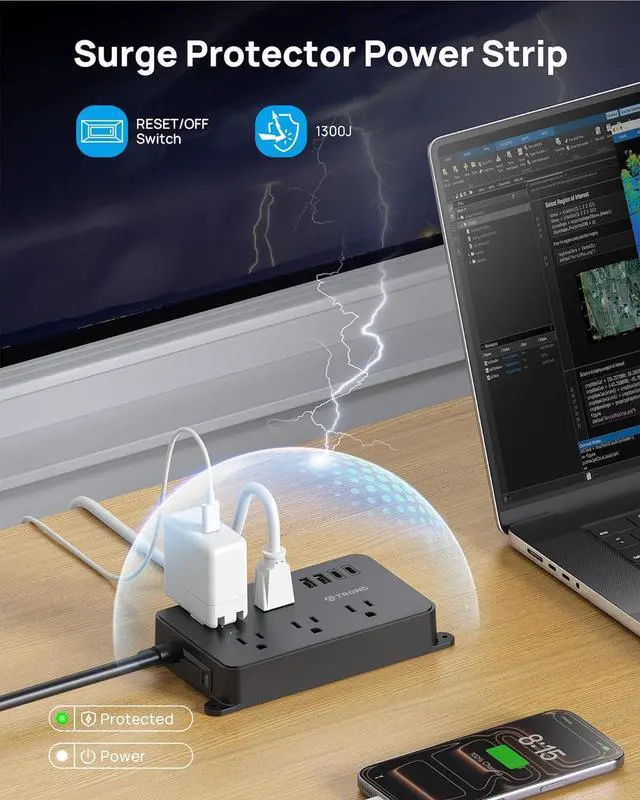 Alt view image 5 of 7 - TROND Power Strip Surge Protector, 5 Widely-Spaced Outlets with 2 USB A and 2 USB C, ETL Listed, Wall Mountable, Flat Plug 5ft Extension Cord, 1300J, 14AWG Heavy Duty, for Office Kitchen, Black