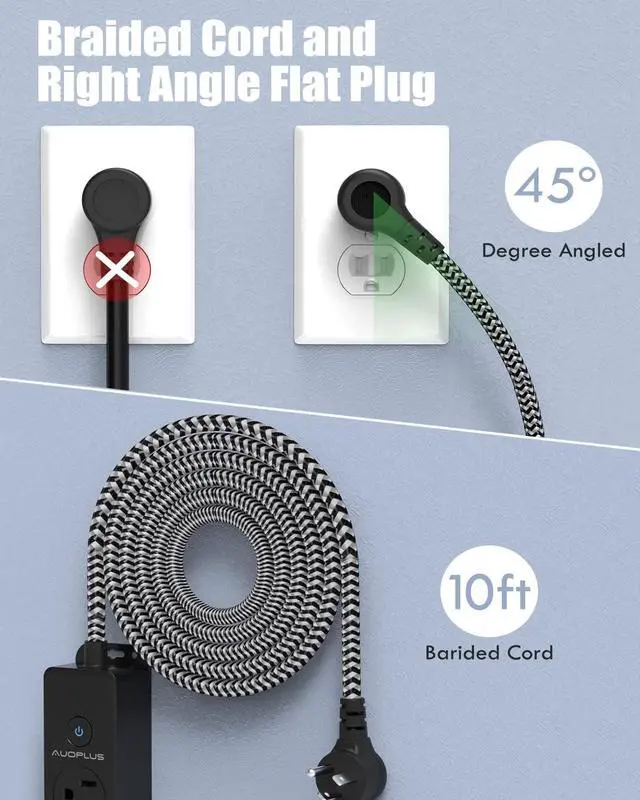 Alt view image 3 of 7 - Surge Protector Power Strip with USB C Ports, 10FT Braided Extension Cord, 5 Outlets and 3 USB Ports(1 USB C), AUOPLUS Mountable Power Strips Flat Plug with Overload Protection