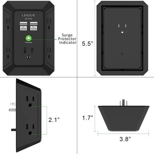 Alt view image 7 of 7 - USB Wall Charger, Surge Protector, QINLIANF 5 Outlet Extender with 4 USB Charging Ports (4.8A Total) 3-Sided 1680J Power Strip Multi Plug Outlets Wall Adapter Spaced for Home Travel Office, Black