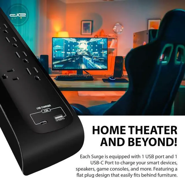 Alt view image 2 of 6 - Digital Energy USB-C and USB-A 8 Outlet 8 Outlet 4200 Joules Surge Protector Power Strip, 3 Wide Spaced Outlets, 6 Foot 14/3 AWG Cord, Black