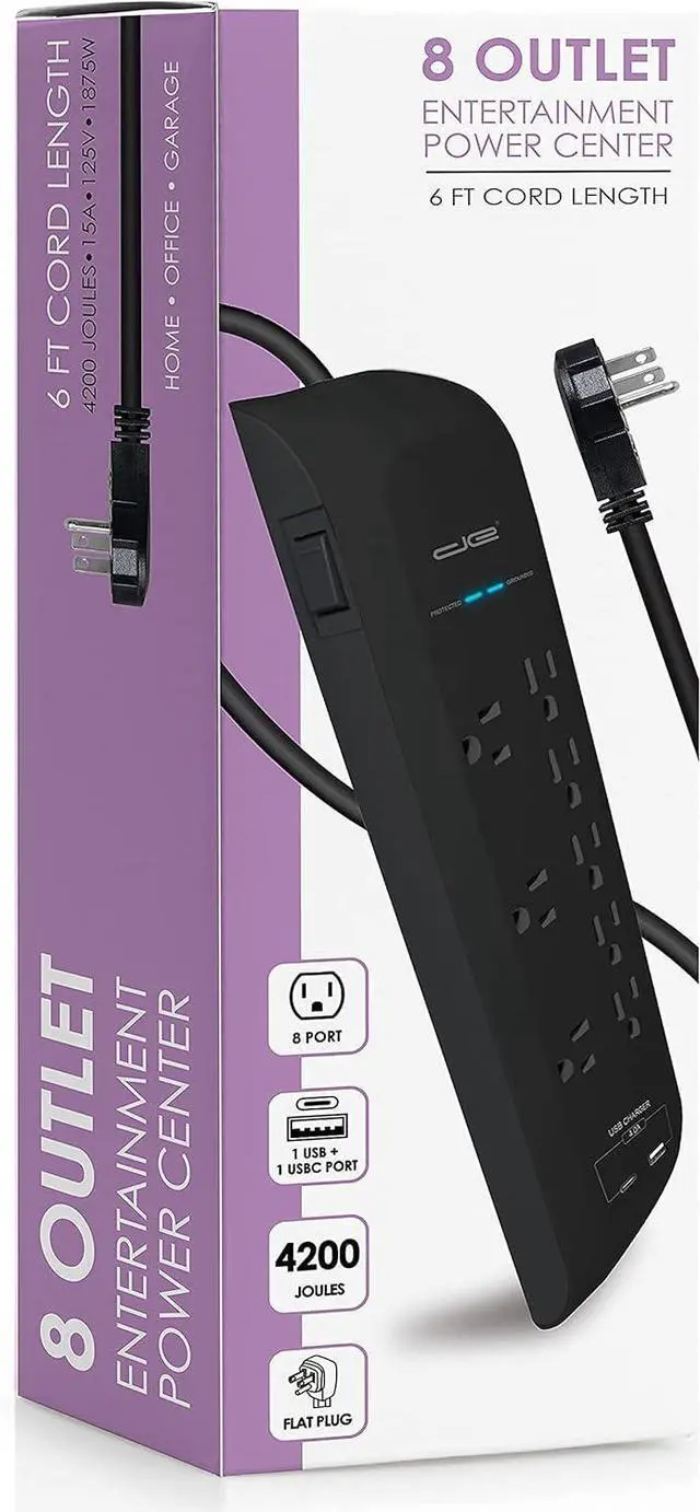 Alt view image 6 of 6 - Digital Energy USB-C and USB-A 8 Outlet 8 Outlet 4200 Joules Surge Protector Power Strip, 3 Wide Spaced Outlets, 6 Foot 14/3 AWG Cord, Black