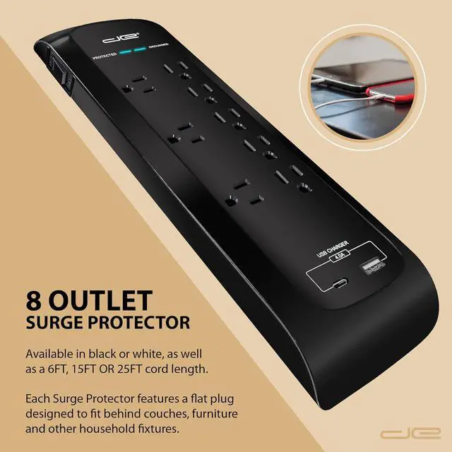 Alt view image 5 of 6 - Digital Energy USB-C and USB-A 8 Outlet 8 Outlet 4200 Joules Surge Protector Power Strip, 3 Wide Spaced Outlets, 6 Foot 14/3 AWG Cord, Black