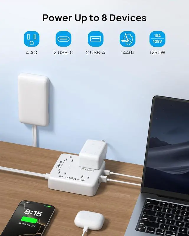 Alt view image 3 of 7 - TROND Flat Plug Power Strip with Outlet Cover - 10ft Extension Cord with Multiple Outlets and 4 USB Ports, Mountable Surge Protector Outlet Concealer, Kitchen Home Improvement for Hide Messy, White