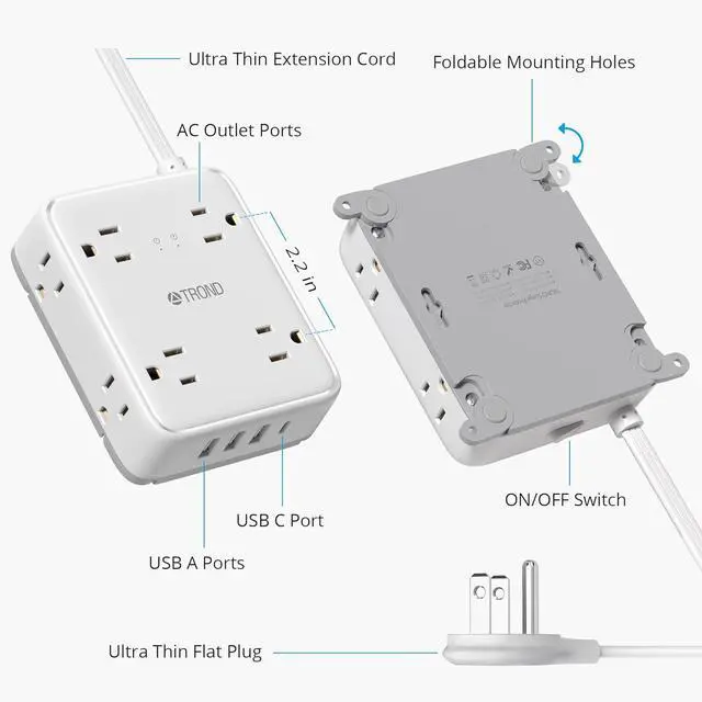 Alt view image 7 of 7 - TROND Surge Protector Power Strip with USB, Ultra Thin Flat Plug 5ft Extension Cord 1625W, 3 USB A & 1 USB C, 8AC Outlets 1440J Surge Protection Wall Mount for Home Office Dorm Room Essentials, White