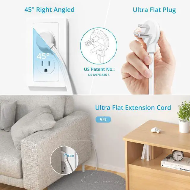 Alt view image 5 of 7 - TROND Surge Protector Power Strip with USB, Ultra Thin Flat Plug 5ft Extension Cord 1625W, 3 USB A & 1 USB C, 8AC Outlets 1440J Surge Protection Wall Mount for Home Office Dorm Room Essentials, White