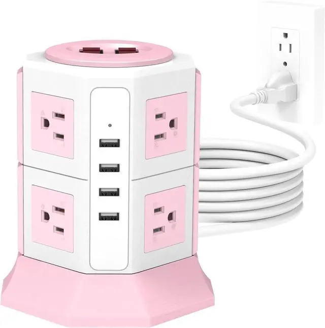 Main image of Pink Tower Power Strip with Surge Protection | HITRENDS 8 AC Outlets + 4 USB Ports | 14AWG/ 6.5 Ft Extension Cord with Multiple Outlets | Space-Saving Design for Office & Home(1250W, 1050J)