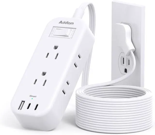 Main image of 10Ft Extension Cord with Multiple Outlets, Addtam Flat Plug Power Strip Surge Protector Long Cord, Outlet Extender with 6 AC Outlets 3 USB (2 USB C), Multi Plug for Home College Dorm Room Essentials