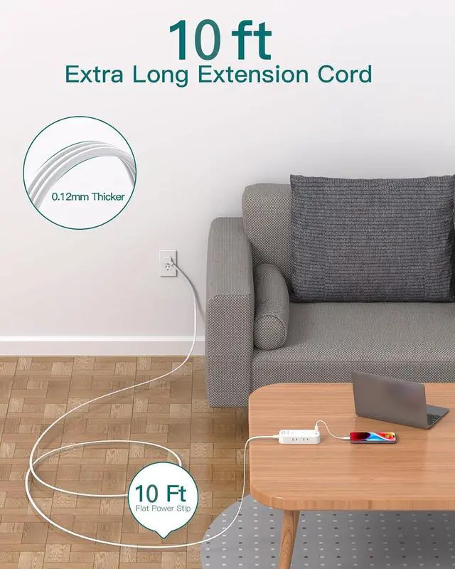 Alt view image 2 of 7 - 10Ft Extension Cord with Multiple Outlets, Addtam Flat Plug Power Strip Surge Protector Long Cord, Outlet Extender with 6 AC Outlets 3 USB (2 USB C), Multi Plug for Home College Dorm Room Essentials