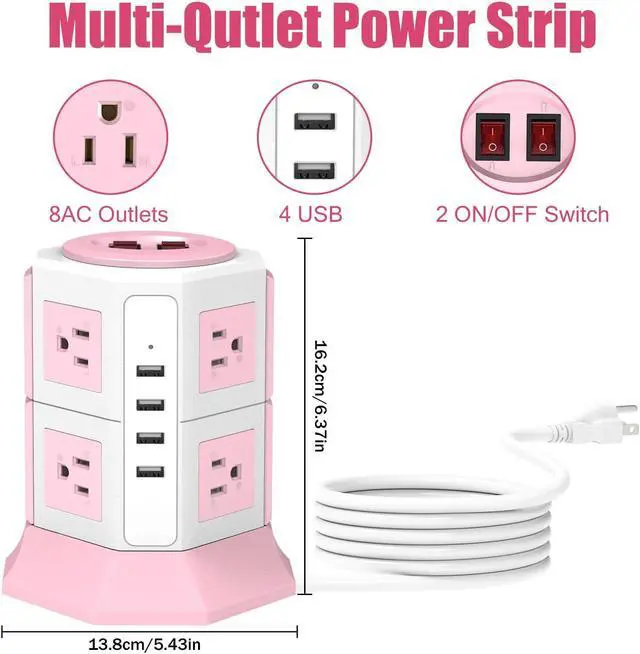 Alt view image 2 of 7 - Pink Tower Power Strip with Surge Protection | HITRENDS 8 AC Outlets + 4 USB Ports | 14AWG/ 6.5 Ft Extension Cord with Multiple Outlets | Space-Saving Design for Office & Home(1250W, 1050J)