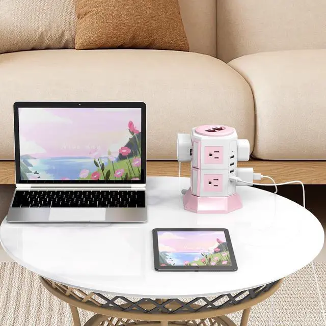 Alt view image 3 of 7 - Pink Tower Power Strip with Surge Protection | HITRENDS 8 AC Outlets + 4 USB Ports | 14AWG/ 6.5 Ft Extension Cord with Multiple Outlets | Space-Saving Design for Office & Home(1250W, 1050J)