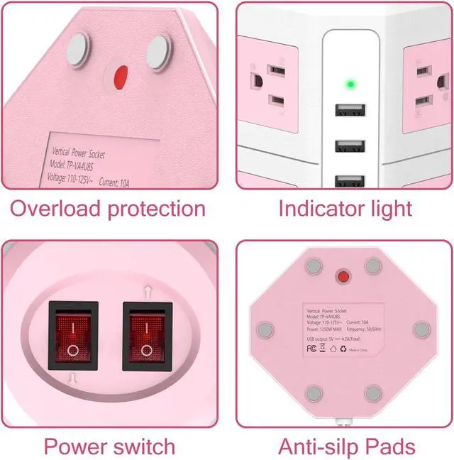 Alt view image 5 of 7 - Pink Tower Power Strip with Surge Protection | HITRENDS 8 AC Outlets + 4 USB Ports | 14AWG/ 6.5 Ft Extension Cord with Multiple Outlets | Space-Saving Design for Office & Home(1250W, 1050J)