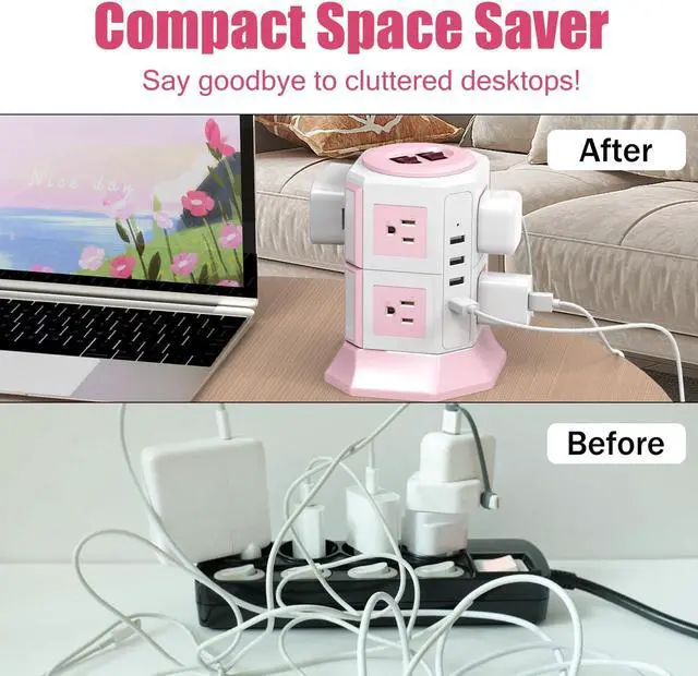 Alt view image 4 of 7 - Pink Tower Power Strip with Surge Protection | HITRENDS 8 AC Outlets + 4 USB Ports | 14AWG/ 6.5 Ft Extension Cord with Multiple Outlets | Space-Saving Design for Office & Home(1250W, 1050J)