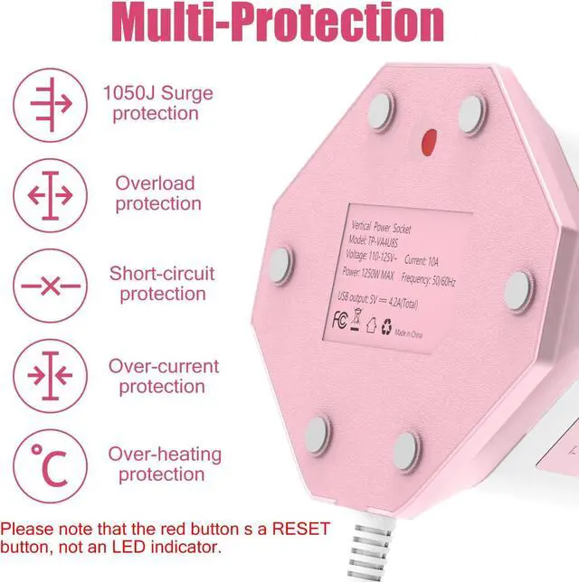 Alt view image 6 of 7 - Pink Tower Power Strip with Surge Protection | HITRENDS 8 AC Outlets + 4 USB Ports | 14AWG/ 6.5 Ft Extension Cord with Multiple Outlets | Space-Saving Design for Office & Home(1250W, 1050J)
