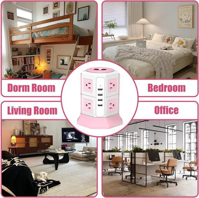 Alt view image 7 of 7 - Pink Tower Power Strip with Surge Protection | HITRENDS 8 AC Outlets + 4 USB Ports | 14AWG/ 6.5 Ft Extension Cord with Multiple Outlets | Space-Saving Design for Office & Home(1250W, 1050J)