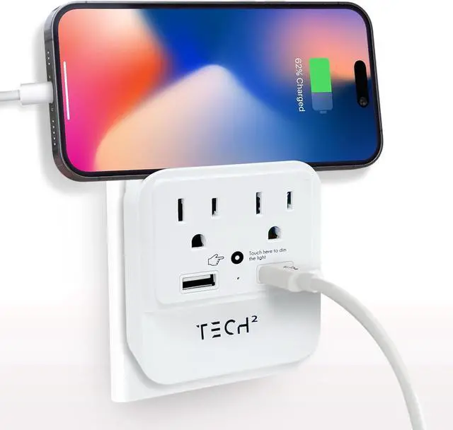 Main image of Multi Plug Wall Outlet Surge Protector with USB Ports & Night Light - 2 Outlet Extender with 2 USB Ports (1 USB-C) - Power Strip with Adapter Spaced Outlets for Home, Travel, Office (White) 1 Pack