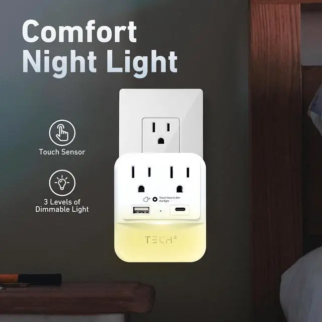 Alt view image 3 of 7 - Multi Plug Wall Outlet Surge Protector with USB Ports & Night Light - 2 Outlet Extender with 2 USB Ports (1 USB-C) - Power Strip with Adapter Spaced Outlets for Home, Travel, Office (White) 1 Pack