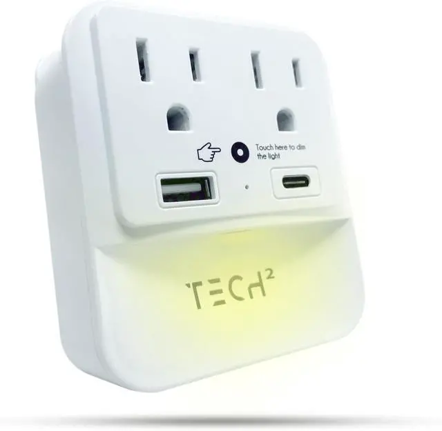 Alt view image 2 of 7 - Multi Plug Wall Outlet Surge Protector with USB Ports & Night Light - 2 Outlet Extender with 2 USB Ports (1 USB-C) - Power Strip with Adapter Spaced Outlets for Home, Travel, Office (White) 1 Pack