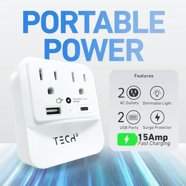Alt view image 4 of 7 - Multi Plug Wall Outlet Surge Protector with USB Ports & Night Light - 2 Outlet Extender with 2 USB Ports (1 USB-C) - Power Strip with Adapter Spaced Outlets for Home, Travel, Office (White) 1 Pack