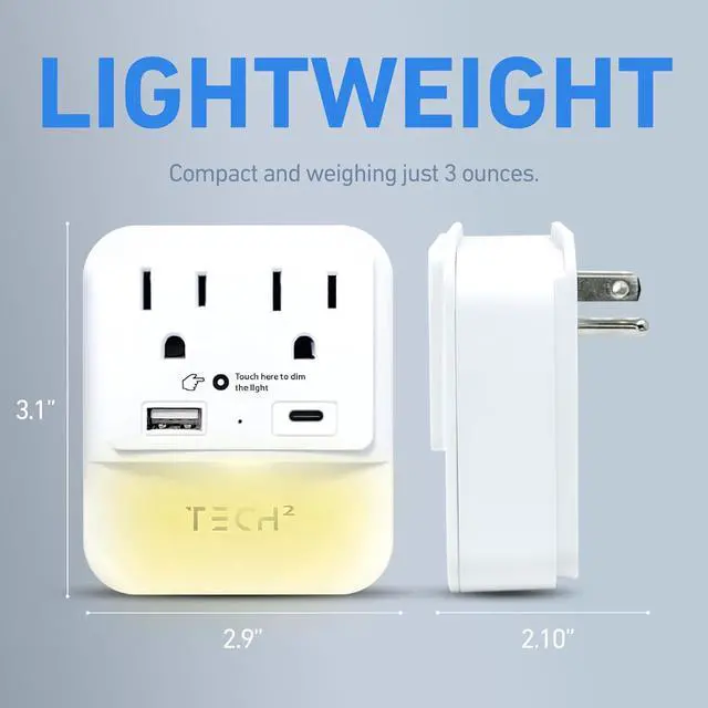 Alt view image 5 of 7 - Multi Plug Wall Outlet Surge Protector with USB Ports & Night Light - 2 Outlet Extender with 2 USB Ports (1 USB-C) - Power Strip with Adapter Spaced Outlets for Home, Travel, Office (White) 1 Pack