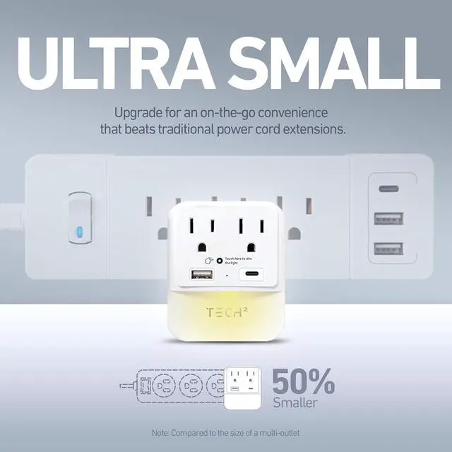 Alt view image 6 of 7 - Multi Plug Wall Outlet Surge Protector with USB Ports & Night Light - 2 Outlet Extender with 2 USB Ports (1 USB-C) - Power Strip with Adapter Spaced Outlets for Home, Travel, Office (White) 1 Pack