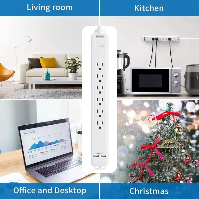Alt view image 6 of 7 - 6 Outlets Surge Protector Power Strip with 2 USB Ports, 1875W Flat Plug Power Strip, 5ft Heavy-Duty Extension Cord, desktop charging station, Wall Mount for Home Office Theater Workshop, Black, 1080 J