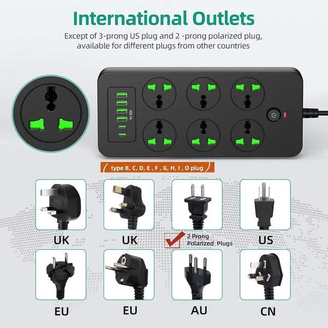 Alt view image 2 of 7 - Flat Plug Extension Cord, Universal Power Strip with 6 Outlets 4 USB 2 USB C Ports, 3.1A Fast ChargeOverload Protection, 3000w, 110-240v, Plug Adapter for Home Office Overseas Travel Essentials