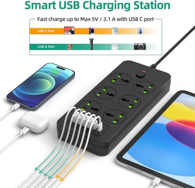Alt view image 3 of 7 - Flat Plug Extension Cord, Universal Power Strip with 6 Outlets 4 USB 2 USB C Ports, 3.1A Fast ChargeOverload Protection, 3000w, 110-240v, Plug Adapter for Home Office Overseas Travel Essentials