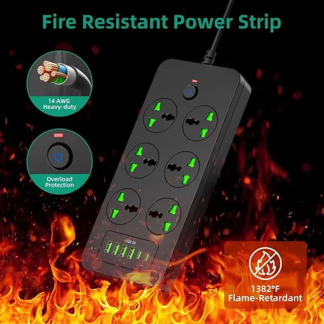 Alt view image 4 of 7 - Flat Plug Extension Cord, Universal Power Strip with 6 Outlets 4 USB 2 USB C Ports, 3.1A Fast ChargeOverload Protection, 3000w, 110-240v, Plug Adapter for Home Office Overseas Travel Essentials