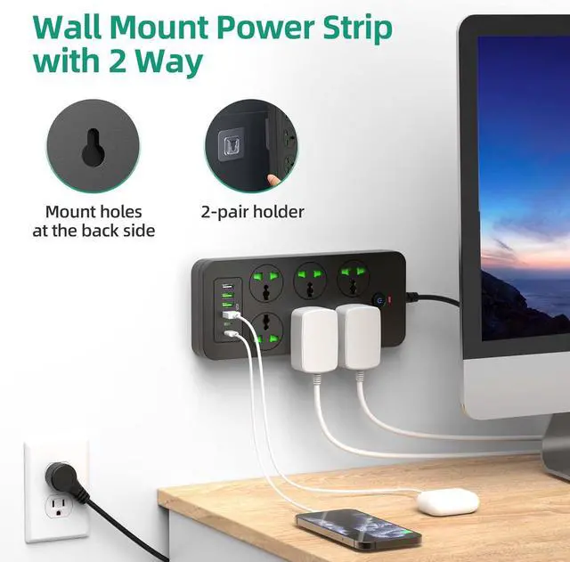 Alt view image 7 of 7 - Flat Plug Extension Cord, Universal Power Strip with 6 Outlets 4 USB 2 USB C Ports, 3.1A Fast ChargeOverload Protection, 3000w, 110-240v, Plug Adapter for Home Office Overseas Travel Essentials