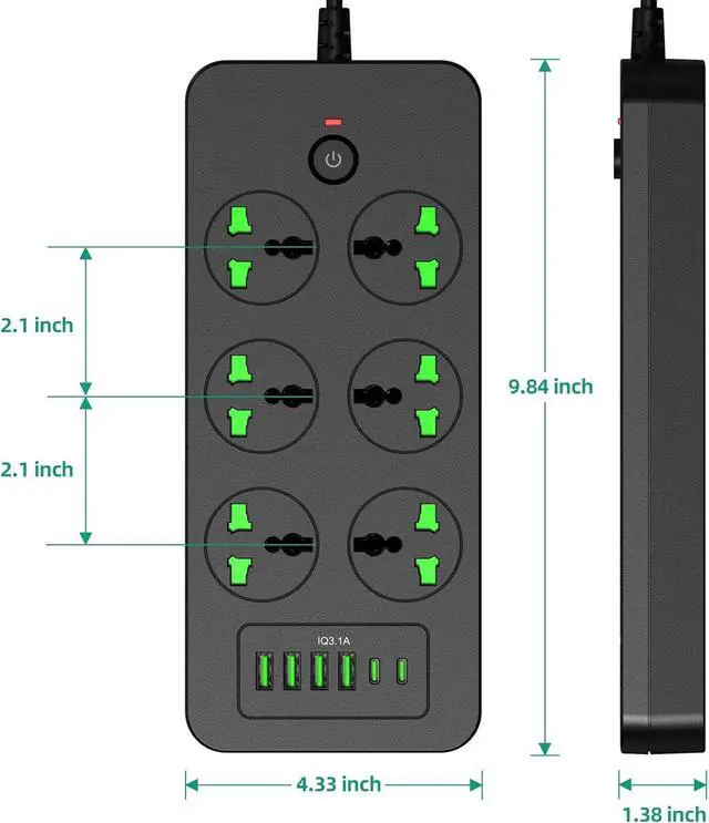 Alt view image 5 of 7 - Flat Plug Extension Cord, Universal Power Strip with 6 Outlets 4 USB 2 USB C Ports, 3.1A Fast ChargeOverload Protection, 3000w, 110-240v, Plug Adapter for Home Office Overseas Travel Essentials