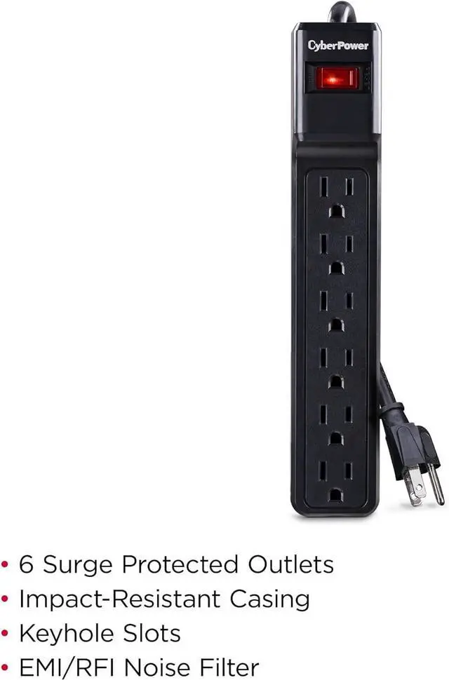 Alt view image 5 of 7 - CyberPower CSB6012 Essential Surge Protector, 1200J/125V, 6 Outlets, 12ft Power Cord, Black