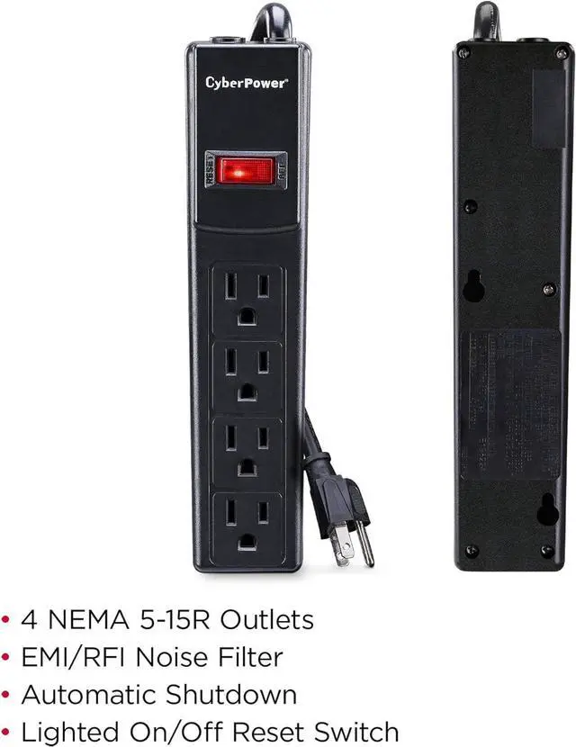 Alt view image 5 of 7 - CyberPower CSB404 Essential Surge Protector, 450J/125V, 4 Outlets, 4ft Power Cord, Black