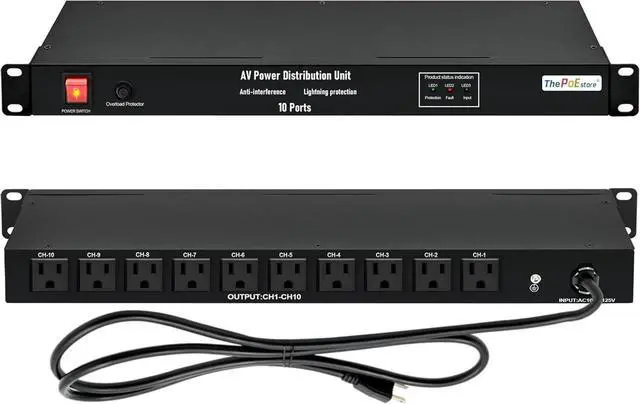 Main image of 10 NEMA 5-15R Outlet Surge Protector PDU, 120V 15A 3600J 10KA, 1U Rack Mount Power Strip for Network Server Racks, AV Equipment, & More - 14AWG 6ft Cord, ETL Listed