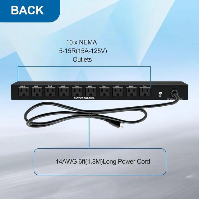 Alt view image 3 of 7 - 10 NEMA 5-15R Outlet Surge Protector PDU, 120V 15A 3600J 10KA, 1U Rack Mount Power Strip for Network Server Racks, AV Equipment, & More - 14AWG 6ft Cord, ETL Listed