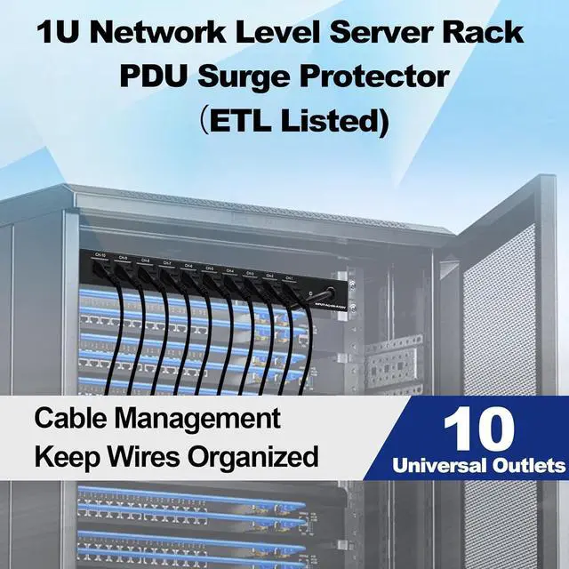 Alt view image 5 of 7 - 10 NEMA 5-15R Outlet Surge Protector PDU, 120V 15A 3600J 10KA, 1U Rack Mount Power Strip for Network Server Racks, AV Equipment, & More - 14AWG 6ft Cord, ETL Listed