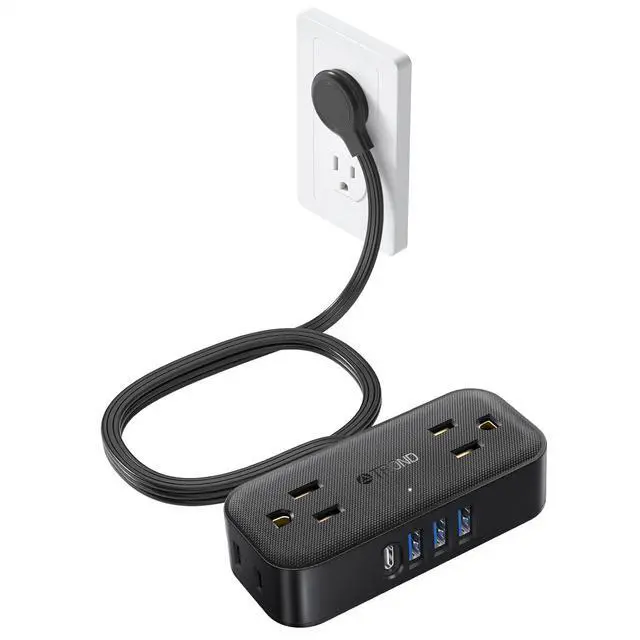 Main image of TROND Travel Power Strip with USB Ports, 5ft Flat Plug Extension Cord with Multiple Outlets, Small Wall Mount Extender Adapter for Office Dorm Room Essentials, Black